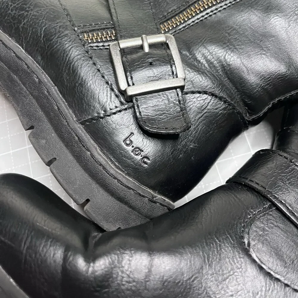 Born b.o.c Tall Black Leather Double Buckle Side Zip Riding Boots Women Sz 7.5